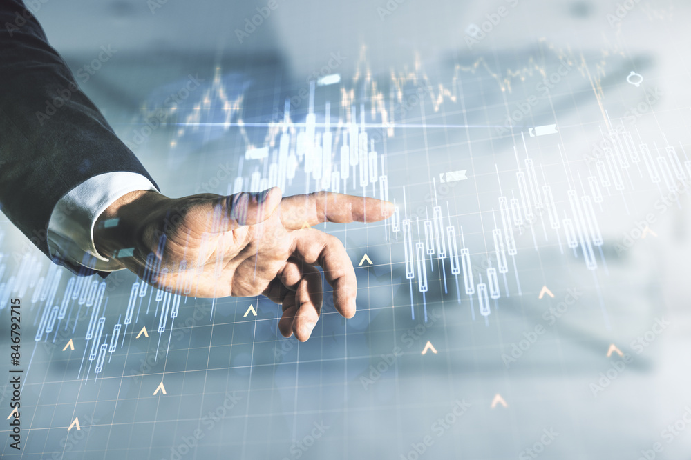 Poster multi exposure of man hand working with abstract financial diagram and world map on blurred office b