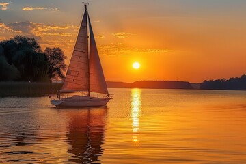 A sailboat is sailing on a calm lake at sunset
