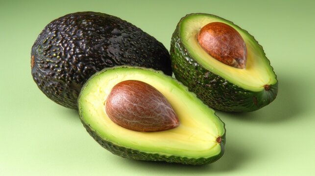 A close-up of a whole avocado and two halves on a light green background. The avocado halves reveal the creamy, light green flesh and large brown seed inside - AI Generated Digital Art