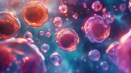 Animated stem cell differentiation process, colorful cells, educational illustration, bright and detailed