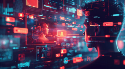 Cybersecurity concept. Abstract background of face scan and identification technology