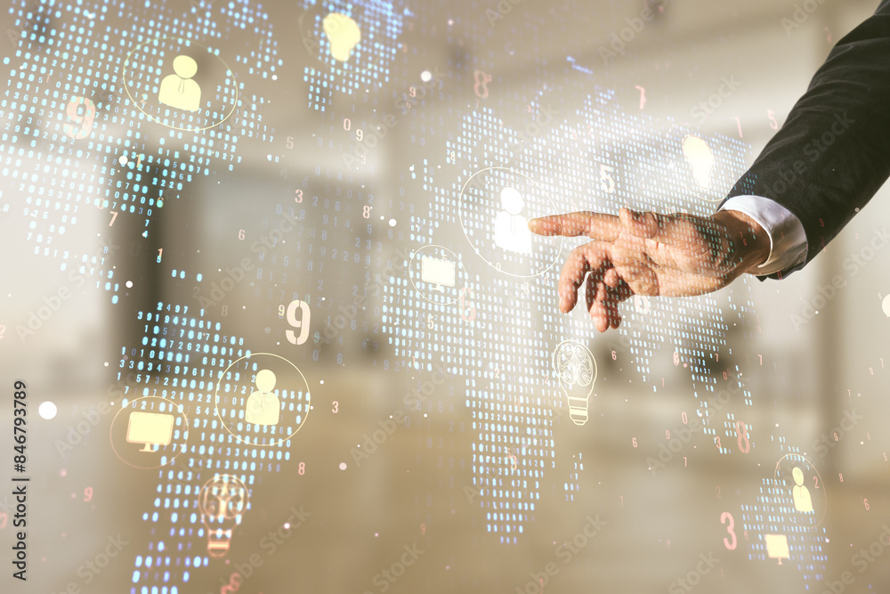 Poster double exposure of businessman hand working with social network icons interface and world map on blu