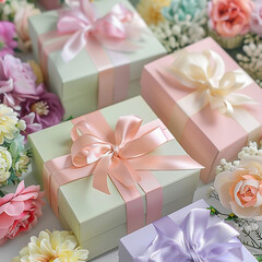 Pastell coloured gift boxes with ribbons 