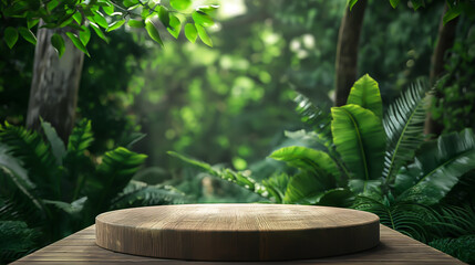 Wooden podium in tropical forest for product presentation and green background. 3d rendering