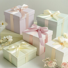 Pastell coloured gift boxes with ribbons 