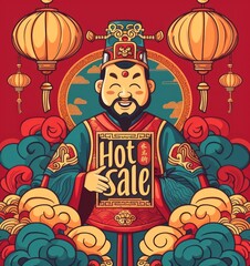 Obraz premium A vibrant, illustrated character of a traditional Chinese figure, representing wealth or prosperity, holding a 