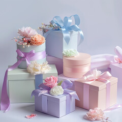 Pastell coloured gift boxes with ribbons 