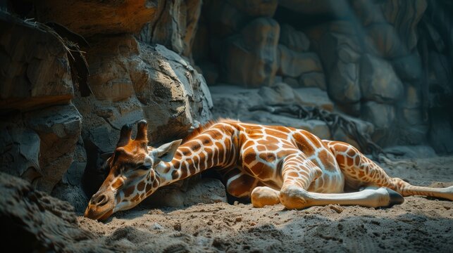 A giraffe resting on the ground in a rocky enclosure, bathed in soft sunlight. The giraffe is lying down with its neck stretched out, eyes closed, appearing relaxed - AI Generated Digital Art