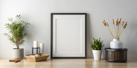 Mockup of an empty frame on the wall in the living room. AI generated