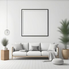 Mockup of an empty frame on the wall in the living room. AI generated