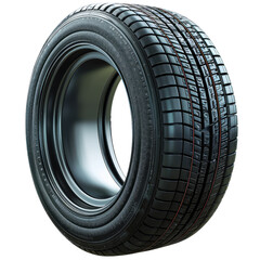Obraz premium The image is a beautiful rendering of a single black tire. The tire has a shiny surface and a detailed tread pattern. The tire is mounted on a silver rim isolated on a transparent background.