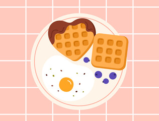 Top view of breakfast food on plates. Healthy homemade meal with fried egg, waffles with chocolate and  blueberries. Breakfast, lunch time. Tasty serving dish. Vector illustration in cartoon style
