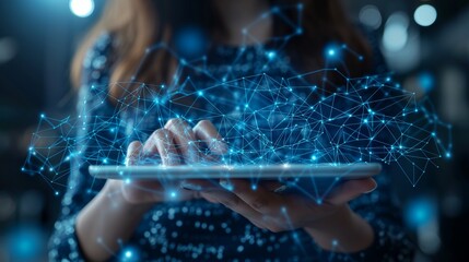 Businesswoman Engaged with Virtual Blockchain Network: Close-up of Hands Holding Tablet Surrounded by Floating Data Fields in a Digital Landscape