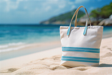 Eine Tasche in blau und weiß steht am Strand im Sand mit dem Meer im Hintergrund. 