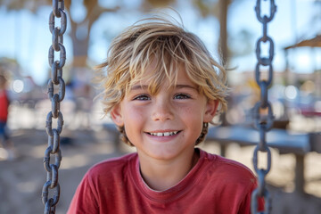 Blonde boy smiling on a swing at a playground, representing childhood joy and innocence. Back to School.