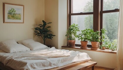 Fototapeta premium a bedroom with a bed, nightstands, and a plant in the corner of the room on the right side of the bed is a window and a plant on the right side of the bed.