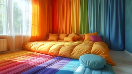 A colorful room with a rainbow bedspread and pillows