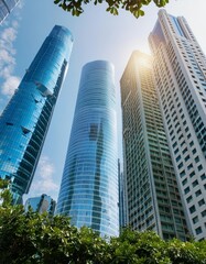 Naklejka premium Blue Modern Skyscrapers, Low Angle View, High-Resolution Photography