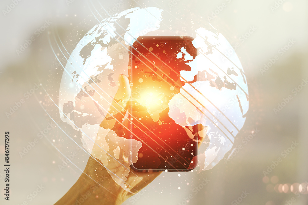 Aufkleber double exposure of abstract digital world map and hand with cell phone on background, research and s