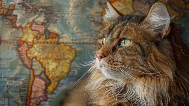 A curious Maine Coon cat gazes intently at a vintage world map, its green eyes reflecting a sense of wonder and exploration.