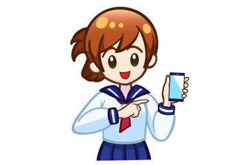 スマホを持って指を指す笑顔の女子学生