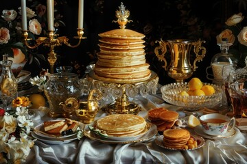 Fototapeta premium Elegant breakfast table with stacked pancakes, candles, and decorative tableware. Luxurious setting for a feast with various breakfast items.