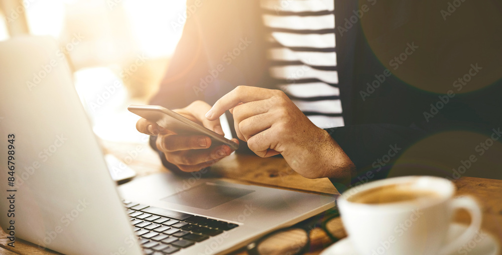 Poster laptop, hands and man with phone in cafe for online email communication for business review. freelan