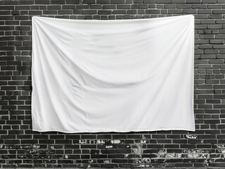 Hanging plain white blank canvas tapestry fabric POD product mockup black brick wall building dark background cozy rustic modern sign blanket art cloth textile template design large backdrop front
