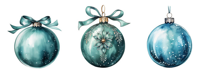 set clipart blue christmas tree ball decoration watercolor illustration png isolated on a transparent background, xmas clipart