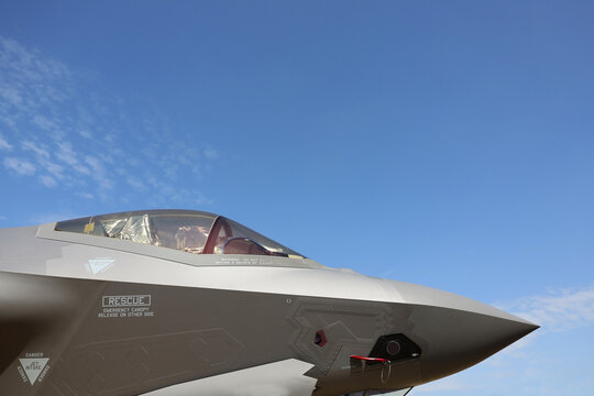 Bucharest, Romania - May 2024. An F-35 Lightning II fighting military jet airplane is park on a runway and presented to the public at a military equipment exhibition.