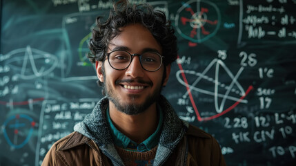 young indian male teacher standing in front of a blackboard