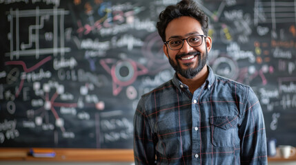 young indian male teacher standing in front of a blackboard