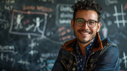 young happy male teacher standing in front of a blackboard