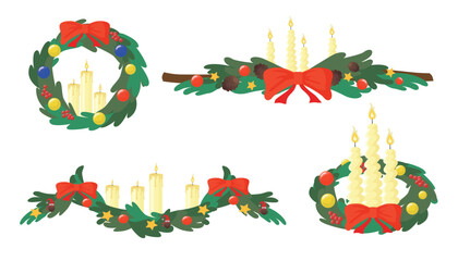 Set of Christmas wreaths with candles in cartoon style. Vector illustration of beautiful garlands of green Christmas tree branches with colorful decorations, balls, berries, cones, red bows, stars.