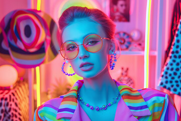 Vibrant Fashion Portrait of a Young Woman in Neon Lighting and Colorful Stripes