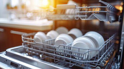 modern dishwasher with clean dishes