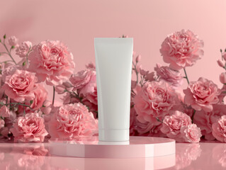 Ai Generated Art a Mockup of White Blank Product Tube Container on a Stand Against Pink Background and Delicate  Pink Roses in the Background