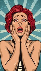 Red haired woman in pop art style with a surprised expression, creating an astonished look