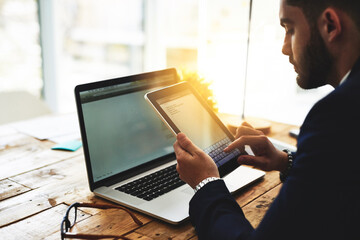 Office, tablet screen and business man for planning, deadline schedule and important notes on desk. Workplace, male administrator and digital for to do list, project ideas and typing information