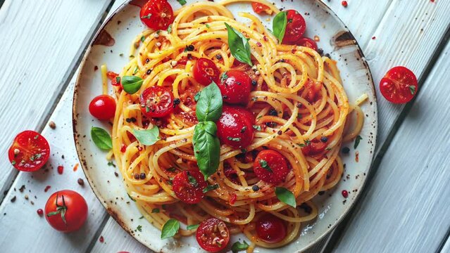 Close-Up of Fresh Spaghetti with Cherry Tomatoes and Basil