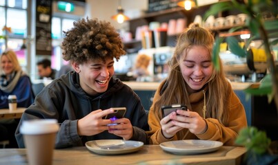 Boy and a girl teenage friends are laughing sitting at a table in a busy coffee shop browsing social media on their smartphones