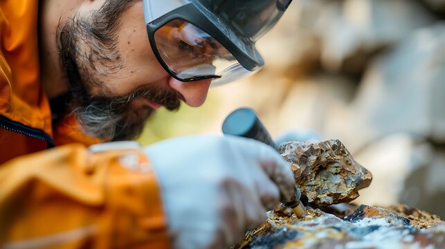 Geologist examining a rock sample with a magnifying glass, wearing safety gear and gloves, focused on geological research in the field.