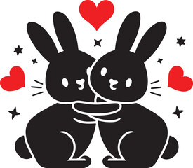 Two Cute Bunny Hagging Silhouette Illustration Art