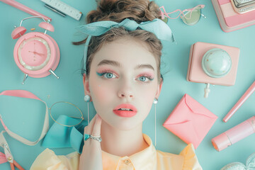 Retro-Inspired Portrait of a Young Woman Surrounded by Pastel-Colored Accessories