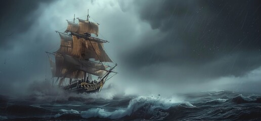 A small ship with people on board sails in a stormy sea