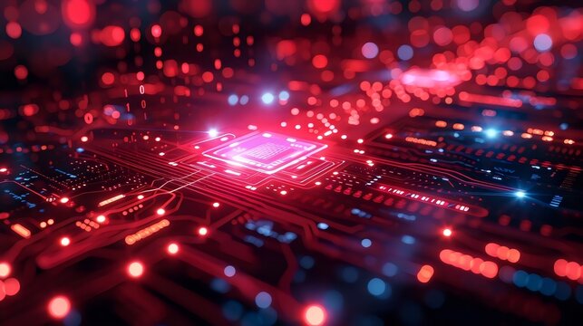 A computer chip with a red light on it