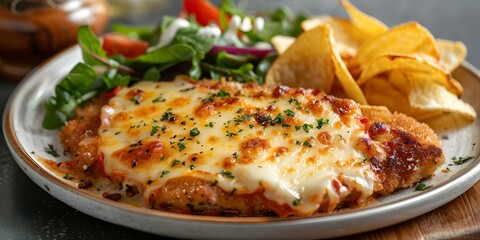 Chicken schnitzel Parmigiana with melted cheese chips and salad Classic comfort dish. Concept Chicken schnitzel, Parmigiana, Melted cheese chips, Salad, Comfort dish