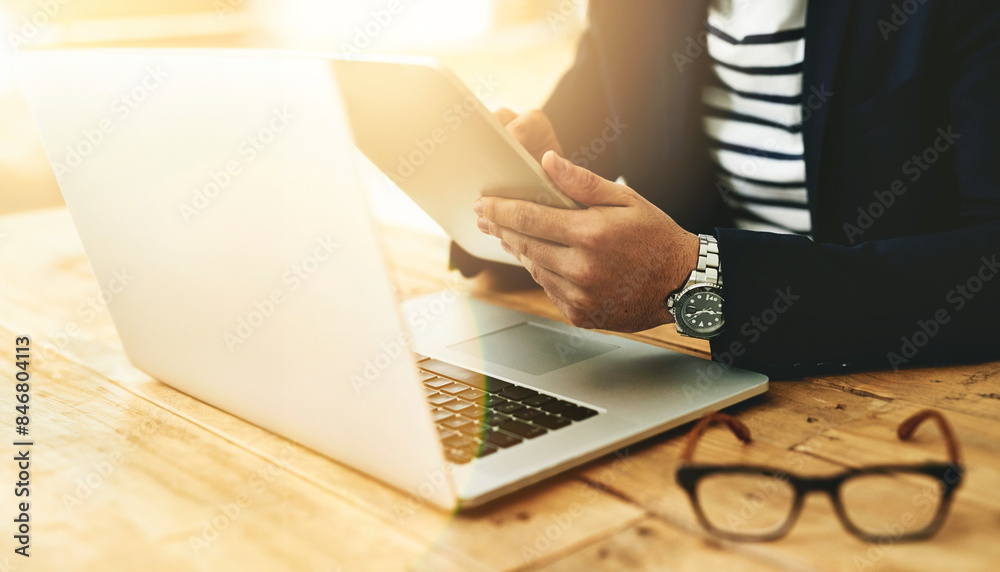 Aufkleber office, tablet and hands of businessperson for scroll, typing and browsing on online website. table,