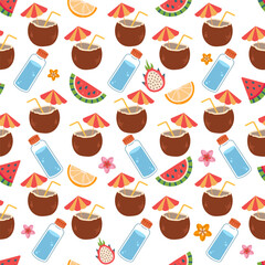 Obraz premium Pattern with summer accessories. Seamless pattern with coconut, watermelon, fruits. 