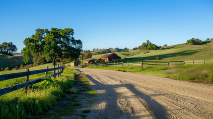 Fototapeta premium Dirt road through green hills, to an old farm, postcard idea about life on a farm